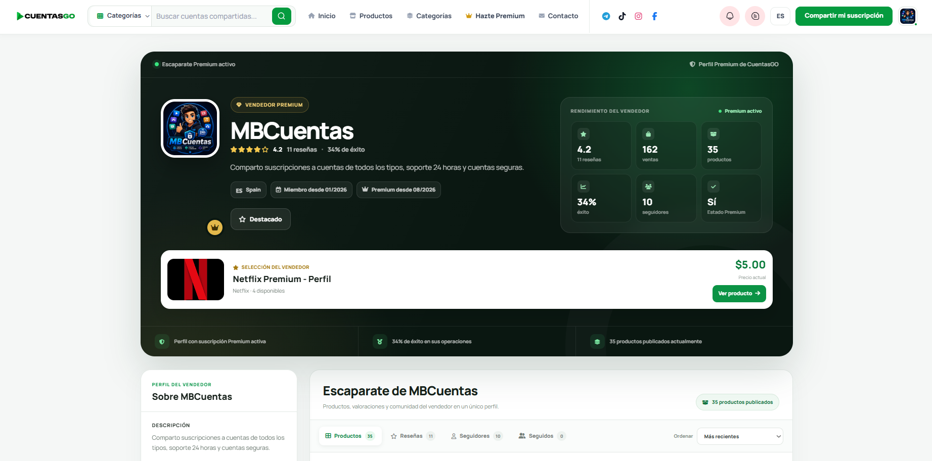 Página de vendedor mejorada